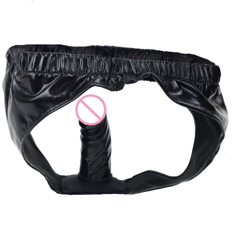 Unisex Faux Leather Latex Masturbation Pants With Anal Dildo Penis Plug Chastity Underwear Toy - 1