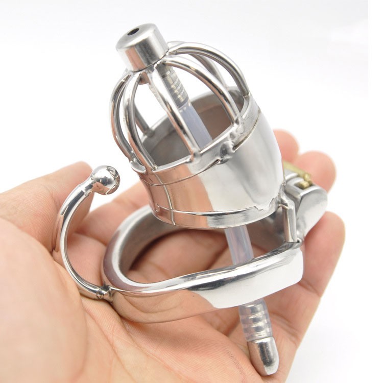 Stainless Steel Male Chastity Device Cock Cage With Arc Ring Catheter Penis Lock Plug Intimate Adult Sex Toy For Men - 2