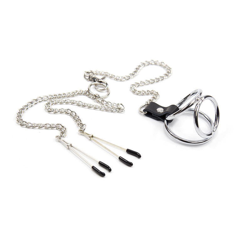 Steel Chastity Cock Ring Erection Aid For Erectile Dysfunction Delay Penis Cage With Nipple Clamps - 2