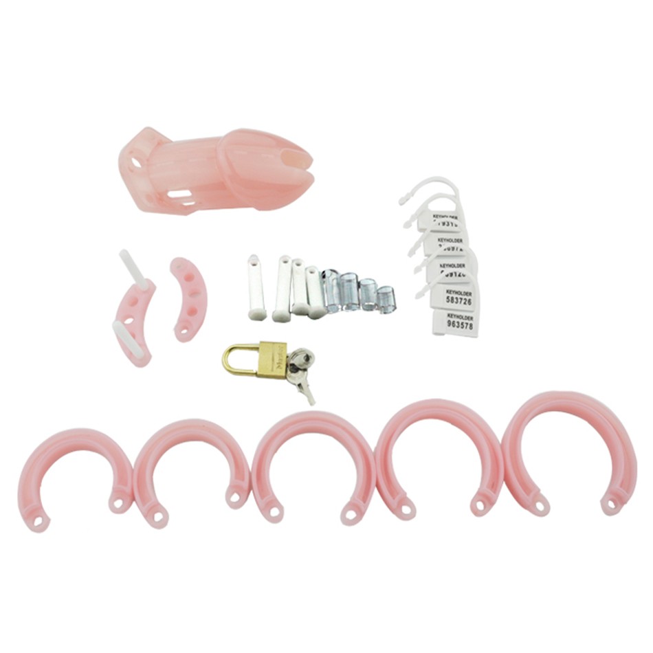 Pink Longsize Male Chastity Cage Fivering Design Plastic Mens Intimate Pleasure Device - 2