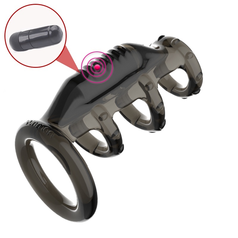 Mens Double Cock Ring Vibrating Penis Sleeve Reusable Ejaculation Delay Extension Sex Toy - 1