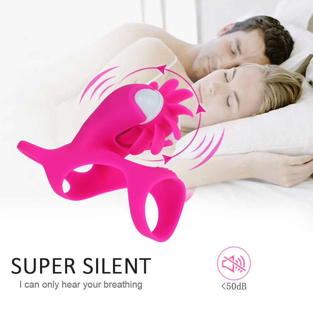 Silicone Penis Ring Vibrator Oral Sex Stimulator Couples Clitoral Pleasure Toy Rotating Tongue Lick Cock Rings For Men - 2
