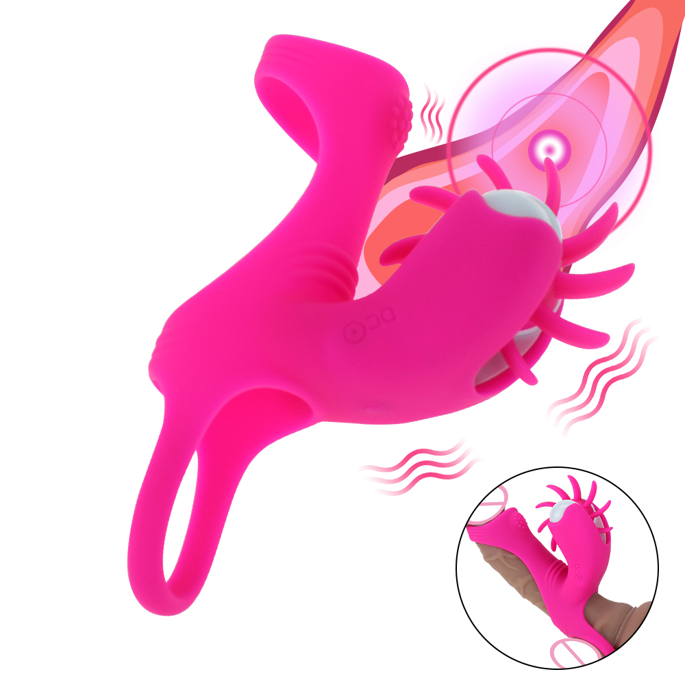 Silicone Penis Ring Vibrator Oral Sex Stimulator Couples Clitoral Pleasure Toy Rotating Tongue Lick Cock Rings For Men - 1