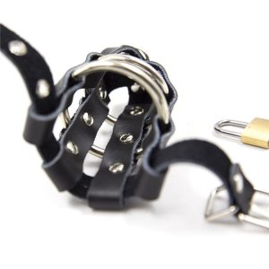Leather Cock Cage Penis Ring Adjustable Restraint Bondage Lock Male Chastity Device Adult Game Sex Toy For Men - 2