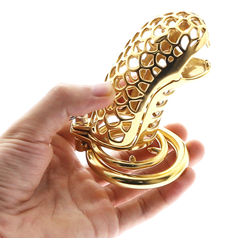 Mens Gold Stainless Steel Snake Ring Spiked Chastity Cage Erotic Prison Penis Sex Toy - 4