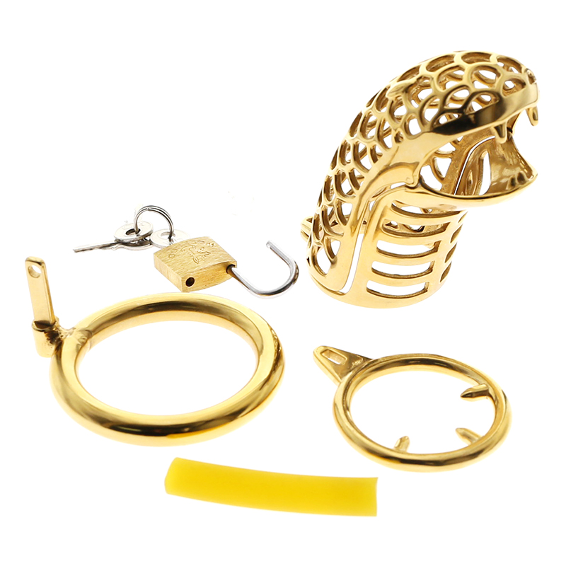 Mens Gold Stainless Steel Snake Ring Spiked Chastity Cage Erotic Prison Penis Sex Toy - 1
