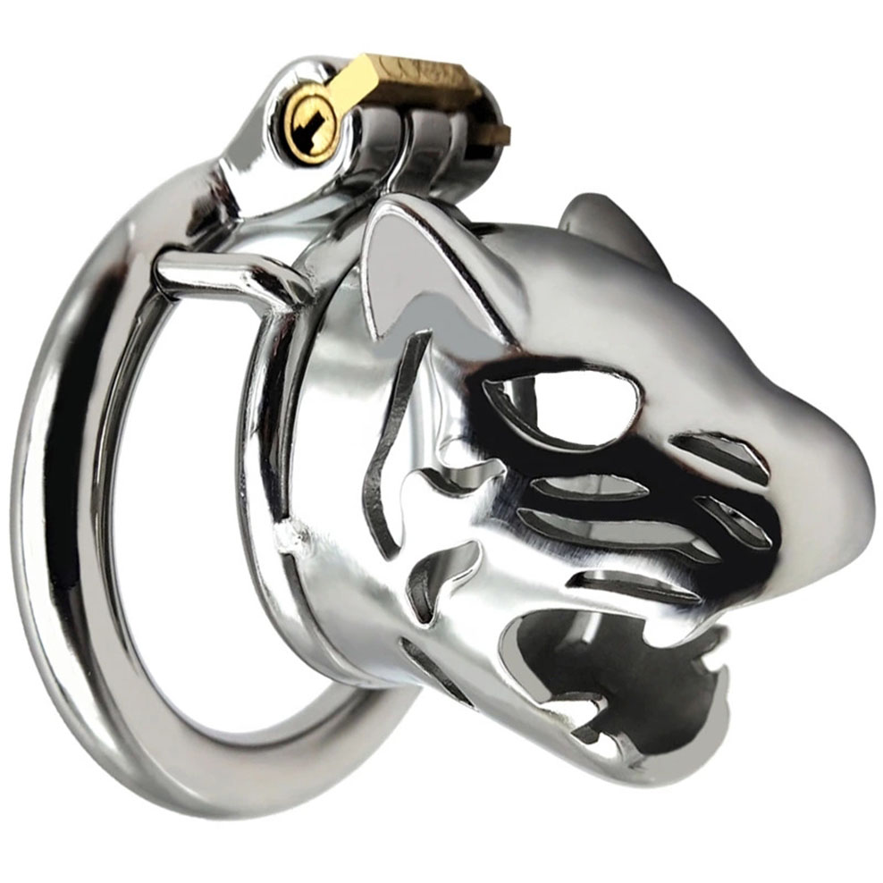 Male Chastity Device Stainless Steel Leopard Head Lock Cock Cage With Ring Adult Intimacy Game Metal Penis Toy - 15