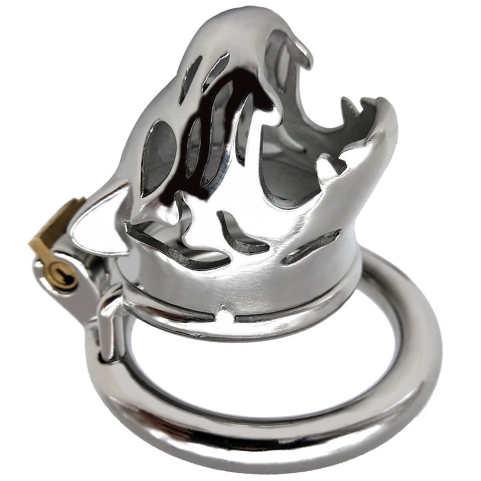 Male Chastity Device Stainless Steel Leopard Head Lock Cock Cage With Ring Adult Intimacy Game Metal Penis Toy - 14