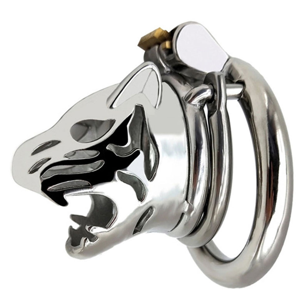 Male Chastity Device Stainless Steel Leopard Head Lock Cock Cage With Ring Adult Intimacy Game Metal Penis Toy - 13