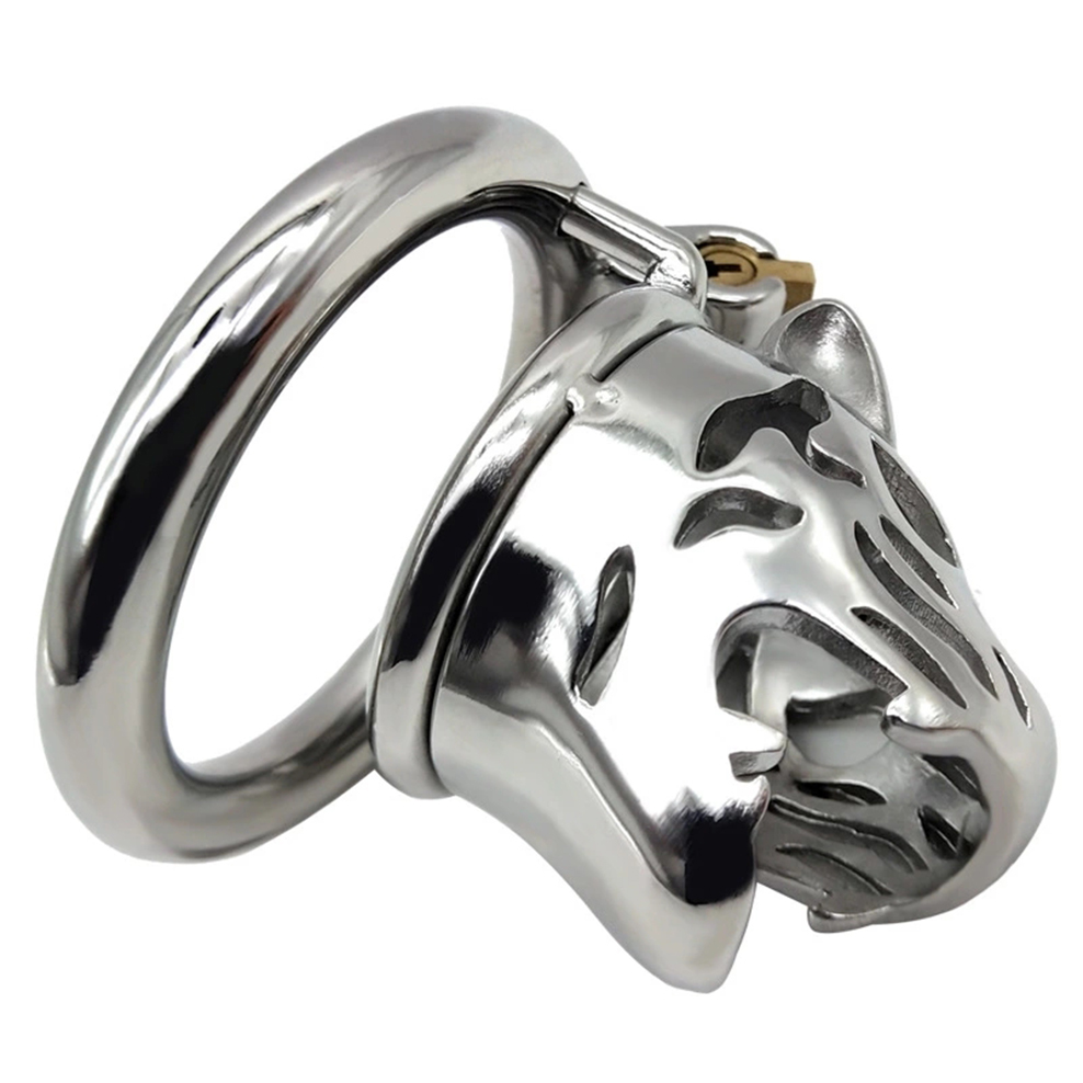 Male Chastity Device Stainless Steel Leopard Head Lock Cock Cage With Ring Adult Intimacy Game Metal Penis Toy - 12