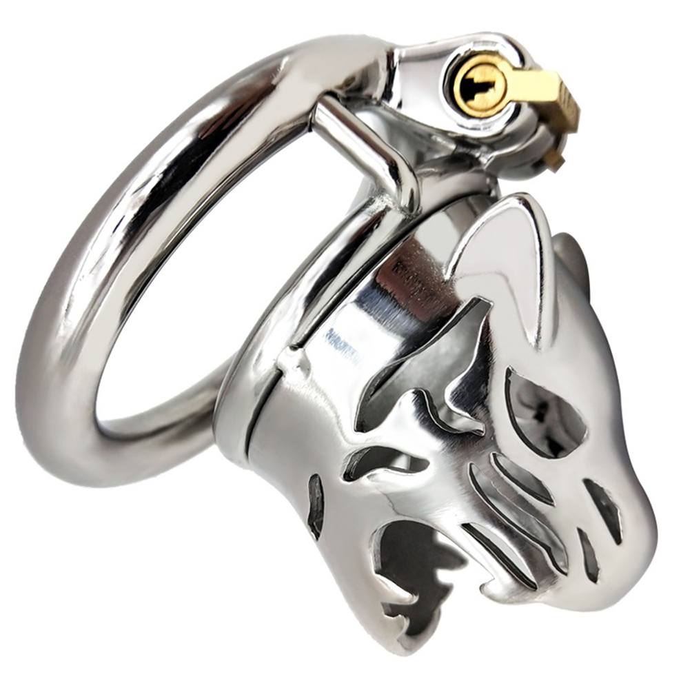 Male Chastity Device Stainless Steel Leopard Head Lock Cock Cage With Ring Adult Intimacy Game Metal Penis Toy - 11
