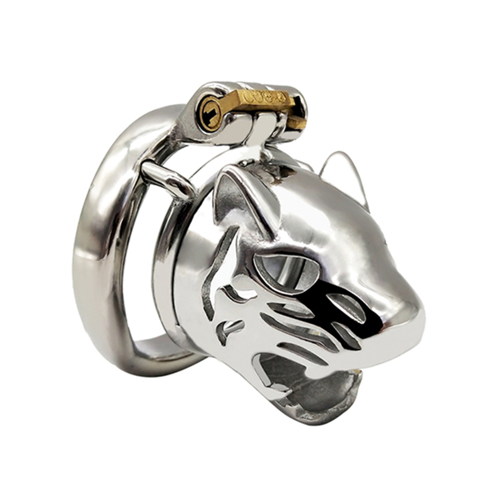 Male Chastity Device Stainless Steel Leopard Head Lock Cock Cage With Ring Adult Intimacy Game Metal Penis Toy - 7