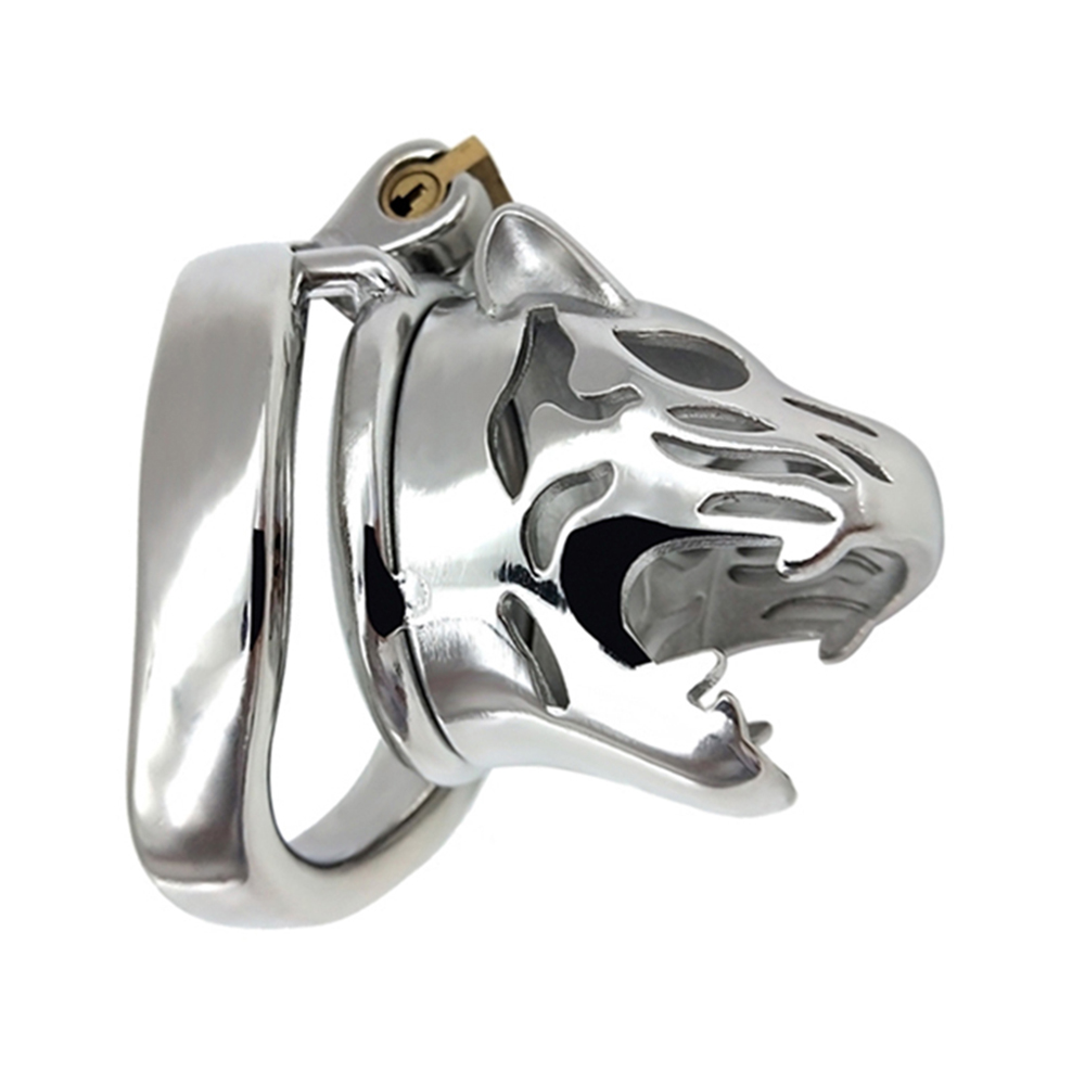 Male Chastity Device Stainless Steel Leopard Head Lock Cock Cage With Ring Adult Intimacy Game Metal Penis Toy - 6