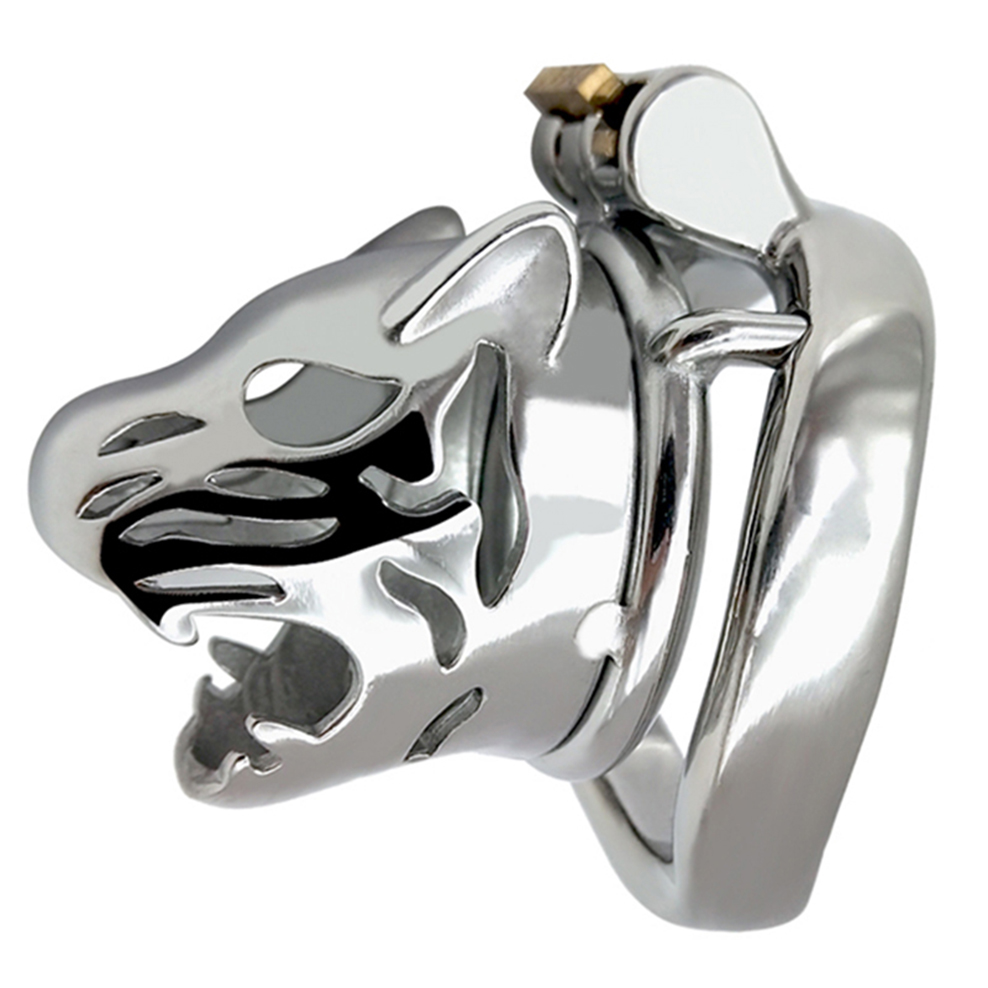 Male Chastity Device Stainless Steel Leopard Head Lock Cock Cage With Ring Adult Intimacy Game Metal Penis Toy - 5
