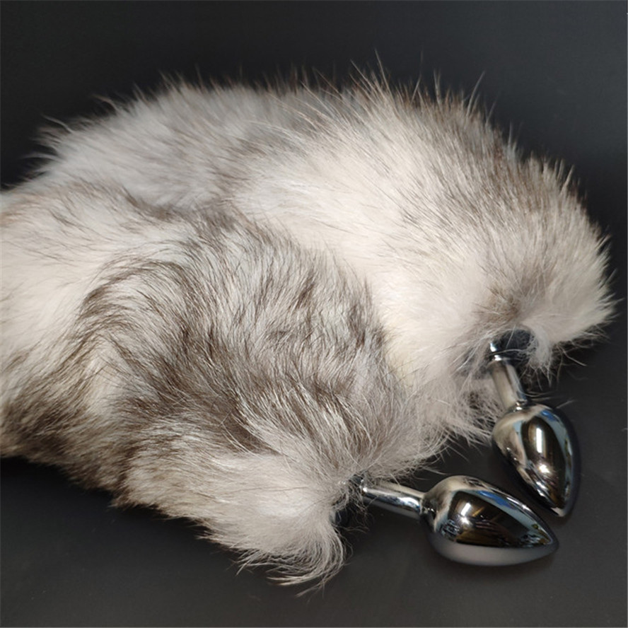 Quality Cross Fox Tail Metal Anal Plug Erotic Cosplay Sex Toy Available In 3 Sizes Gray And White - 5