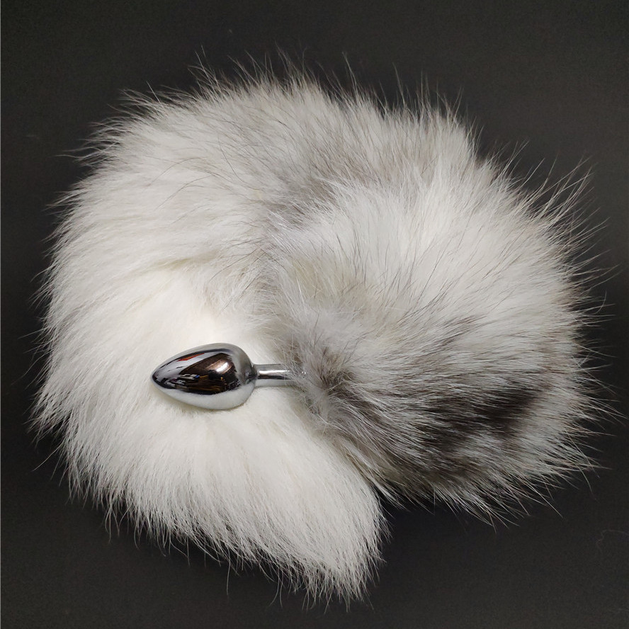 Quality Cross Fox Tail Metal Anal Plug Erotic Cosplay Sex Toy Available In 3 Sizes Gray And White - 6