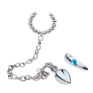 Stainless Steel Set Anal Plug With Cock Ring Metal Chain Big Butt Stimulator Sex Toys For Men Women