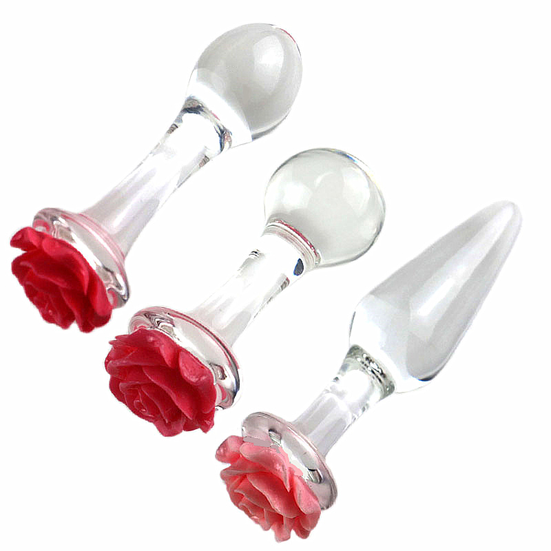 Rose Glass Anal Dildo Set 3 Pcs Gspot Stimulator Womens Erotic Massager Butt Plug Sex Toys - 1