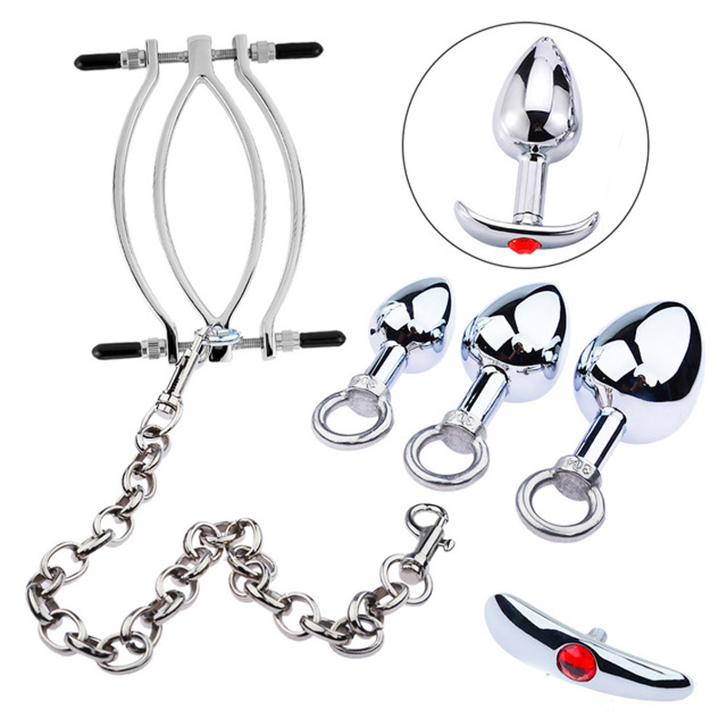 Bdsm Bondage Kit With Metal Anal Plug Vagina Spreader Clamp Chain Set Adult Couple Sex Game Accessory - 1