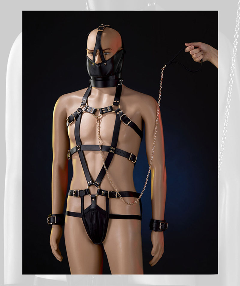 Male Bdsm Bondage Kit Adjustable Leather Chastity Set With Handcuffs Headgear Cage For Erotic Adult Games - 1