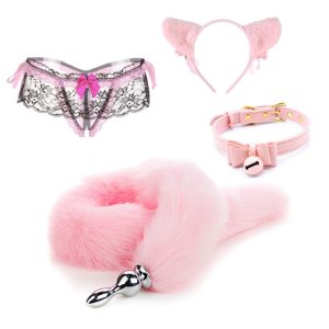 4pcs Roleplay Bondage Costume Set Cat Ears Bell Headband Lace Crotchless G-string Tail Butt Plug Bowknot Choker Sex Toys