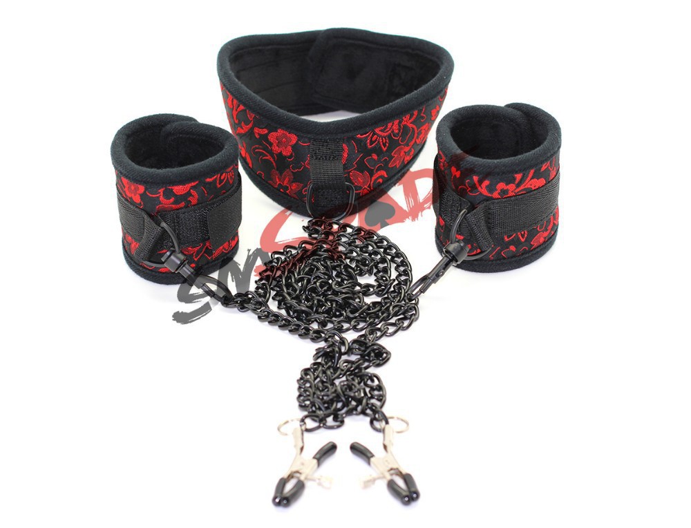Bondage Restraint Kit With Adjustable Sex Collar Handcuffs Chain Nipple Clamps And Wrist Restraints - 1