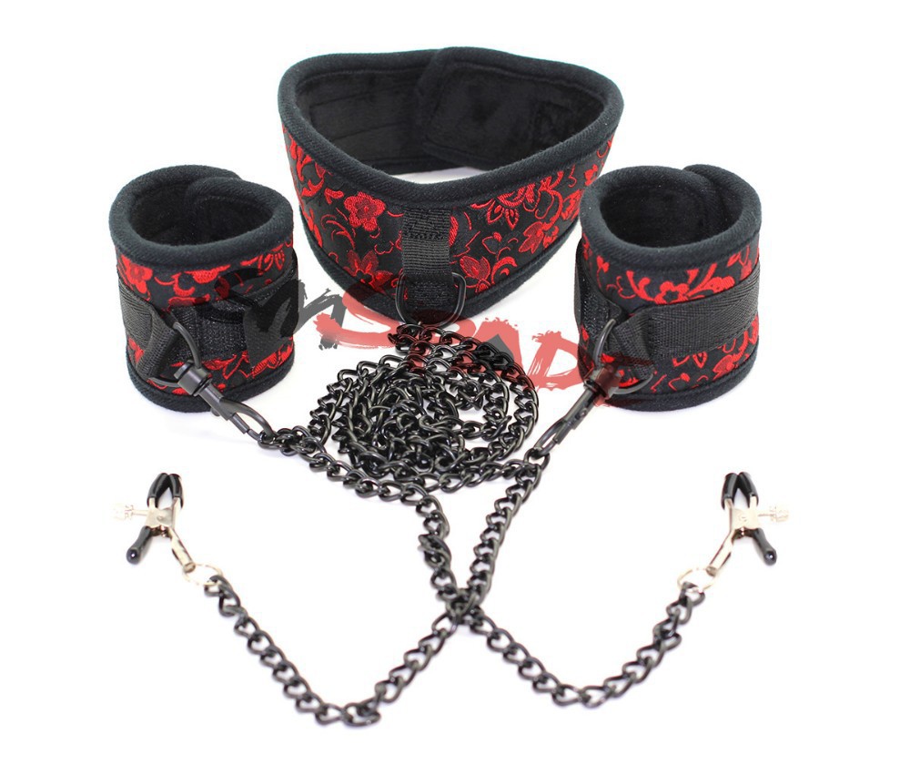 Bondage Restraint Kit With Adjustable Sex Collar Handcuffs Chain Nipple Clamps And Wrist Restraints - 2