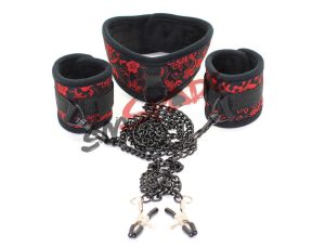 Bondage Restraint System Sex Collar With Handcuffs And Chain Nipple Clamps Wrist To Restraints Kit