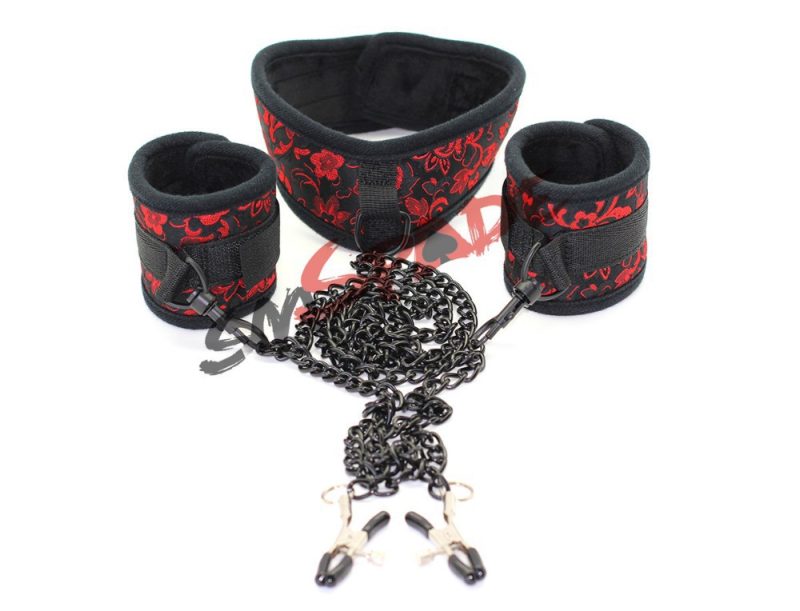 Bondage Restraint System Sex Collar With Handcuffs And Chain Nipple Clamps Wrist To Restraints Kit