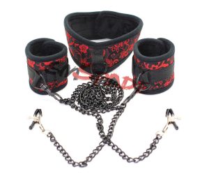 Bondage Restraint System Sex Collar With Handcuffs And Chain Nipple Clamps Wrist To Restraints Kit - 2