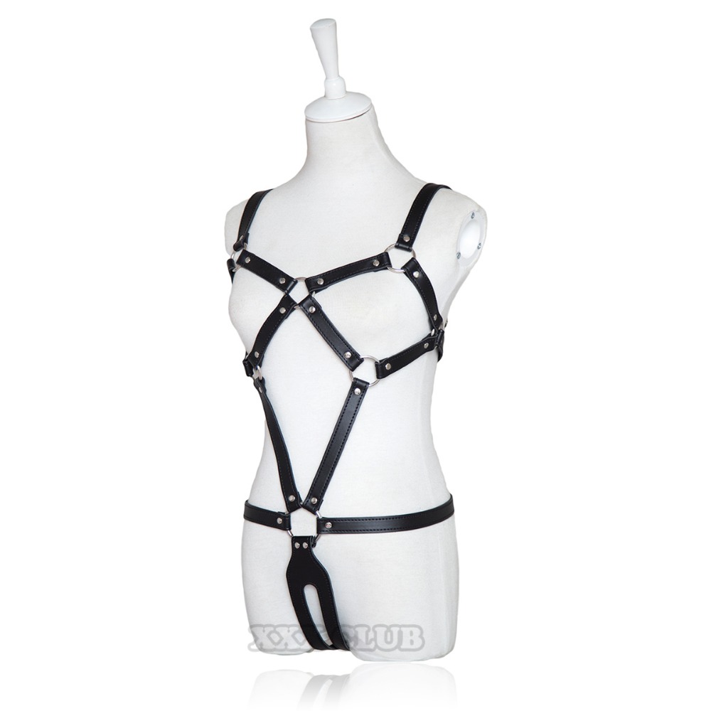 Black Leather Open Chest Cage Bra Bottom Panties Bodysuit For Puppy Play Fetish Bondage Wear - 5