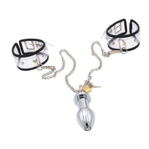Leather Bdsm Handcuffs With Metal Anal Plug Buttplug Adjustable Bondage Handcuff Adult Games Slave Restraints Sextoy For Couples