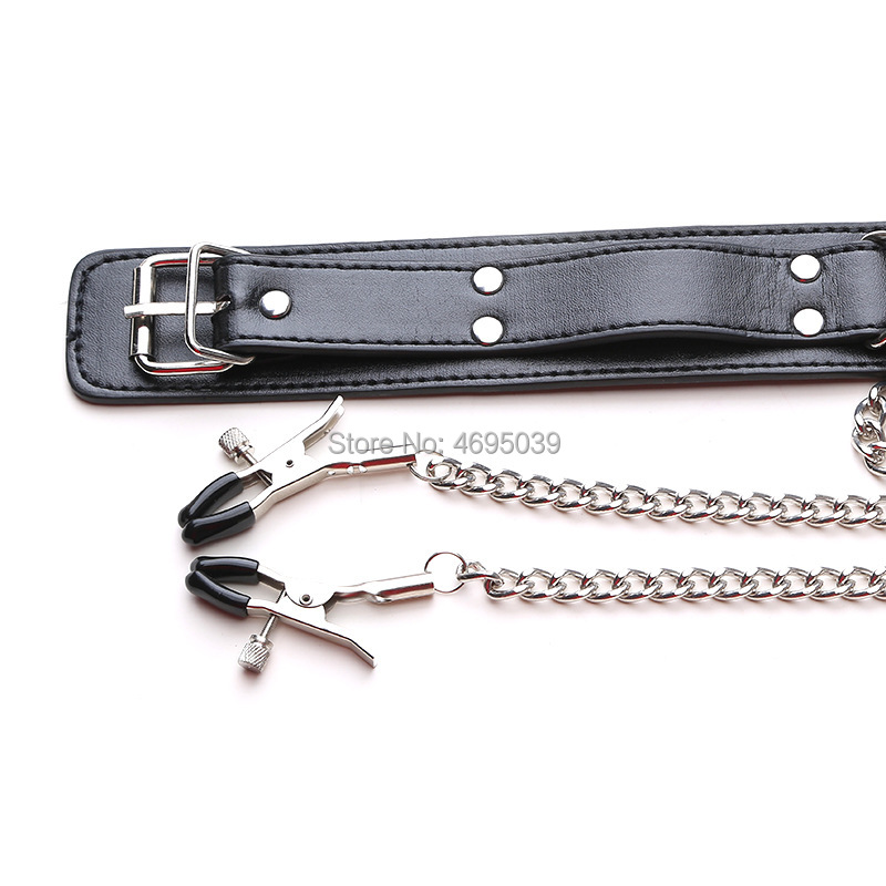 Erotic Bdsm Leather Bondage Kit With Metal Chains Nipple Clamps Neck Collars For Couples Play - 3