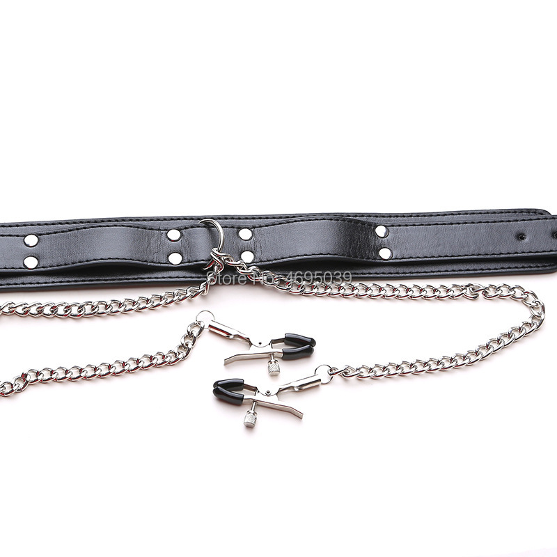 Erotic Bdsm Leather Bondage Kit With Metal Chains Nipple Clamps Neck Collars For Couples Play - 4