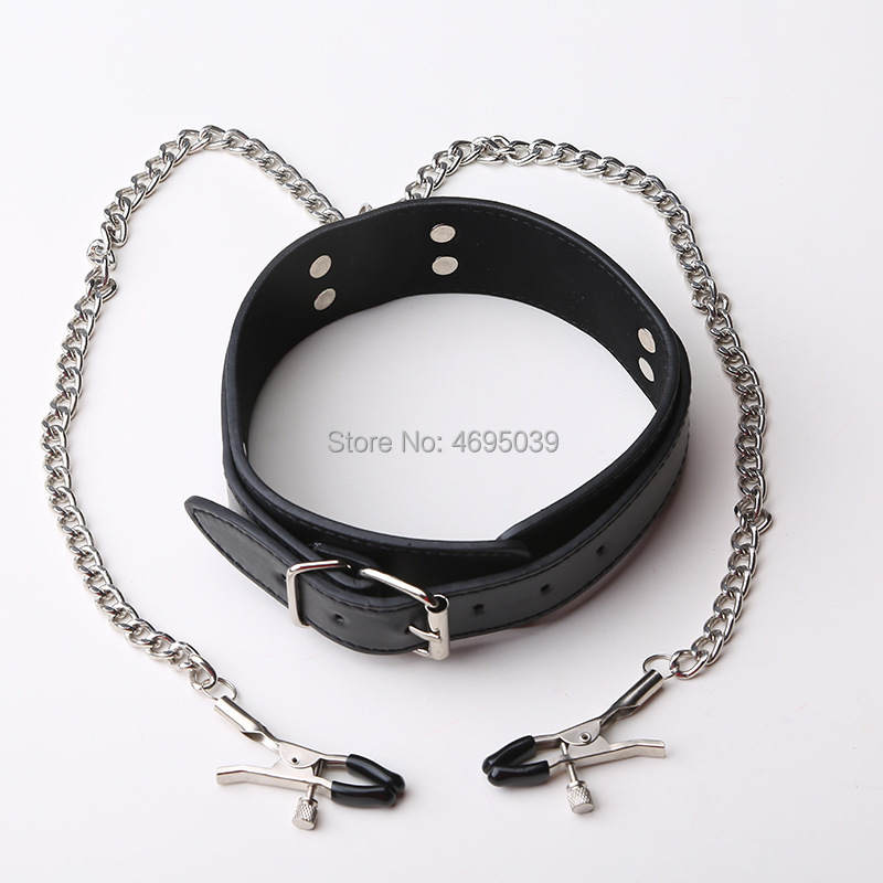 Erotic Bdsm Leather Bondage Kit With Metal Chains Nipple Clamps Neck Collars For Couples Play - 5
