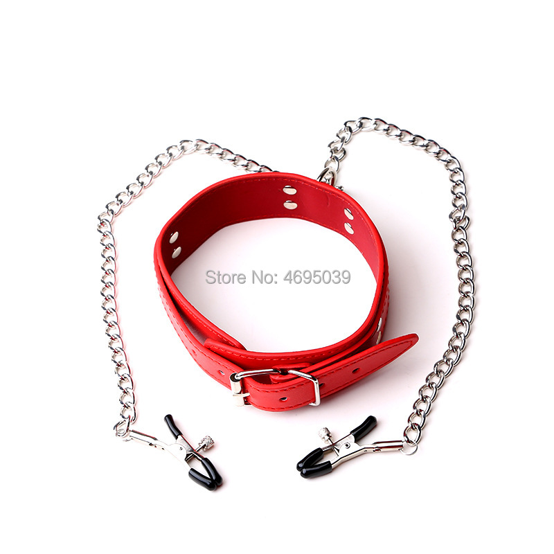 Erotic Bdsm Leather Bondage Kit With Metal Chains Nipple Clamps Neck Collars For Couples Play - 7