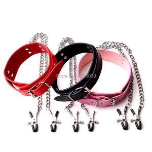 Sexy Bdsm Bondag Metal Chains Nipple Clamps Adult Games For Couples Clips Leather Neck Collars Flirt Sex Toys Slave Play
