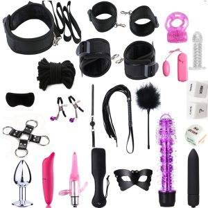 23pcs Adult Games Handcuffs Whip Mouth Gag Butt Plug Bdsm Bondage Set Bead Anal Vibrator Sex Toys Kit For Couples