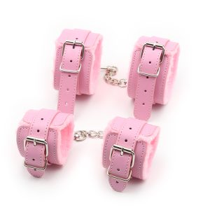Bdsm Bondage Adjustable Pu Leather Plush Pink Handcuffs Footcuffs Ankle Cuffs Slave Restraints Sex Adult Flirting Toy For Woman