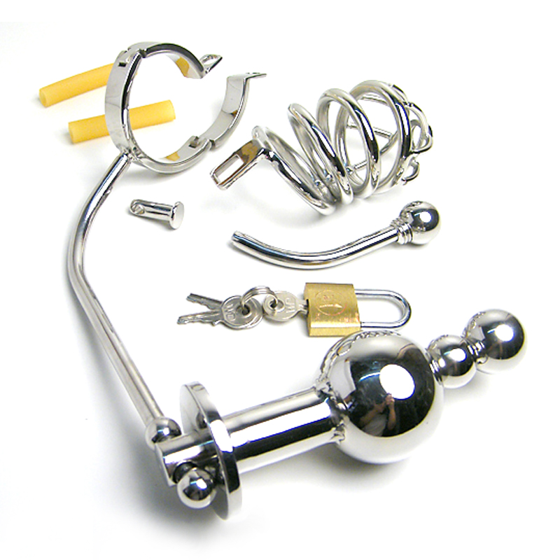 Stainless Steel Male Chastity Device With Cock Cage Anal Plug Urethral Catheter Butt Beads Adult Sex Toy Belt - 2