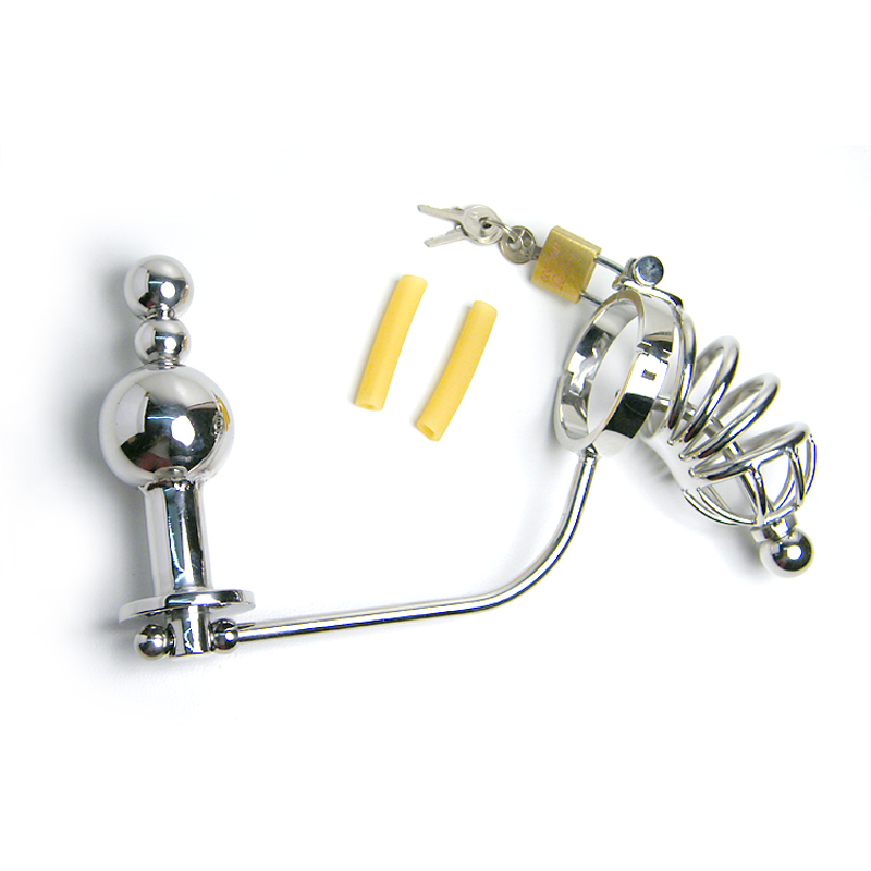 Stainless Steel Male Chastity Device With Cock Cage Anal Plug Urethral Catheter Butt Beads Adult Sex Toy Belt - 1
