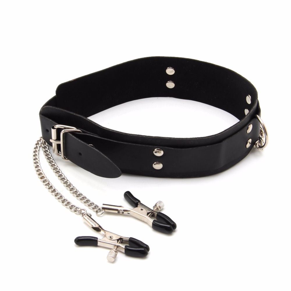 Adult Bdsm Cosplay Accessories Pu Leather Slave Collar With Adjustable Nipple Clamps For Erotic Games - 3
