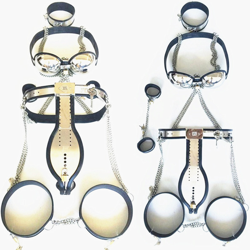 Stainless Steel 5piece Bdsm Adult Toy Set Chastity Belt Collar Bra Handcuffs Thigh Rings - 1