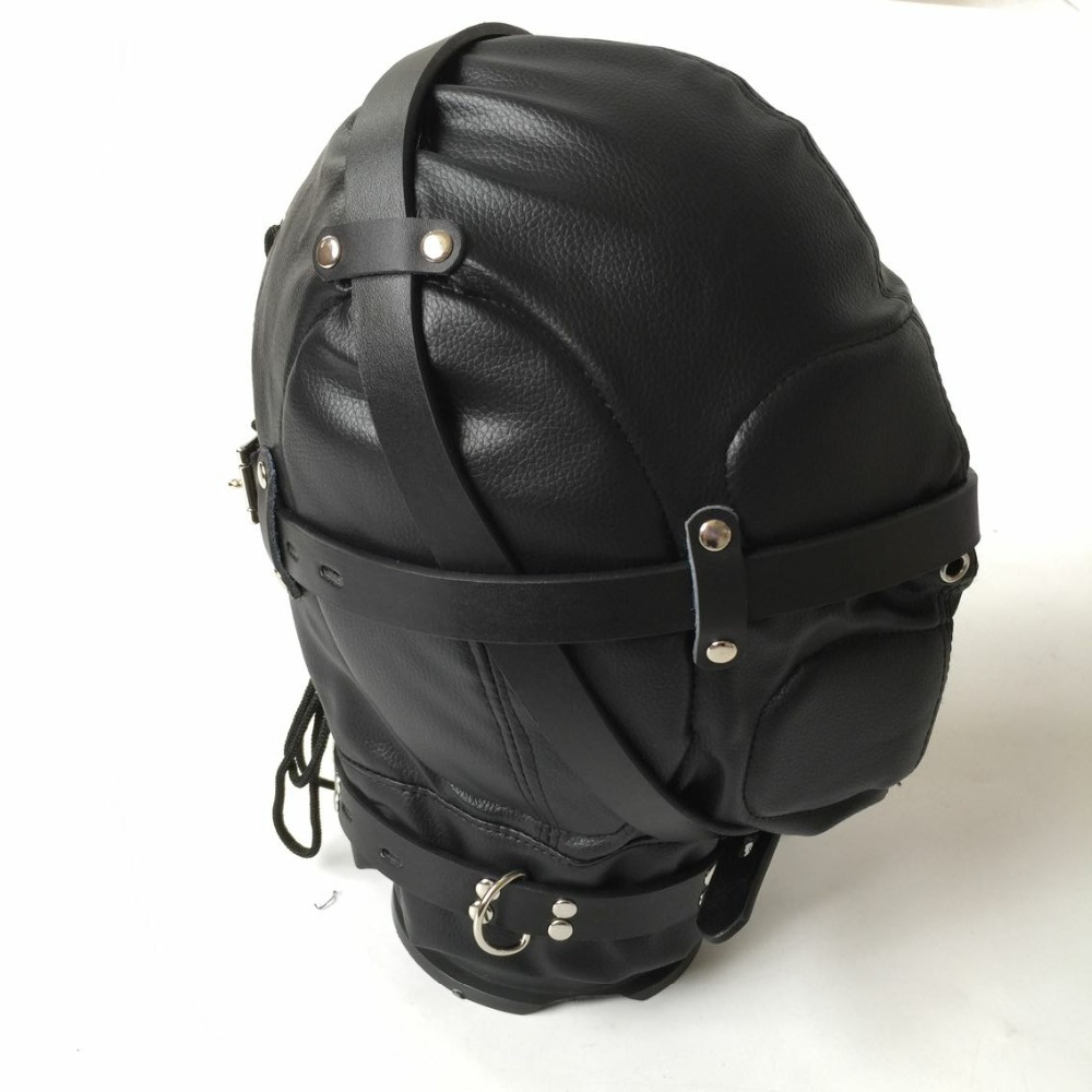 Black Leather Bdsm Bondage Hood Breathable Tight Fit Elastic With Zipper Headgear For Slave Roleplay Sex Toy - 3