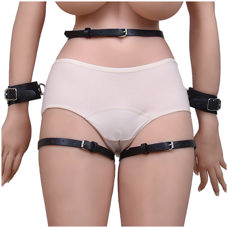 Black Pu Leather Bdsm Bondage Set With Thigh Cuffs Handcuffs Adult Games For Couples Womens Seductive Panties - 3