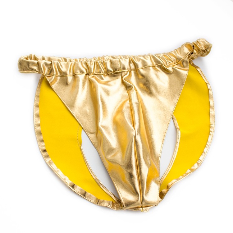 Yellow Leather Mens Chastity Underwear Elastic Thong For Couple Games Anal Sex Toy - 5