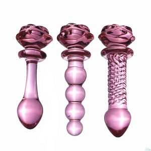 Glass Dildo Pink Rose Flower Shape Vaginal Anal Butt Plug Self Comfort Masturbator Sex Toys For Woman Adult Tail