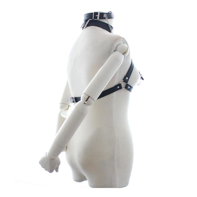 Fetish Restraint Costume Sexy Female Body Harness Faux Leather Lingerie Breast Binder Bra Top Mouth Gag Nipple Clamps - 4