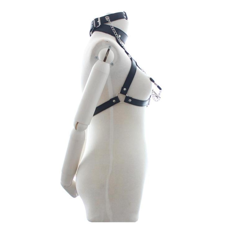 Fetish Restraint Costume Sexy Female Body Harness Faux Leather Lingerie Breast Binder Bra Top Mouth Gag Nipple Clamps - 7