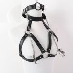Sexy Faux Leather Lingerie Breast Binder Bra Top And Mouth Gag With Nipple Clamps Female Body Harness Fetish Restraint Costume - 4